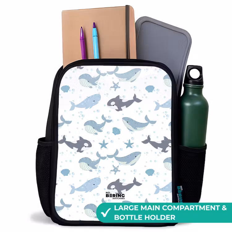 Kids backpack - Black - Whale pattern with shells blue — 9
