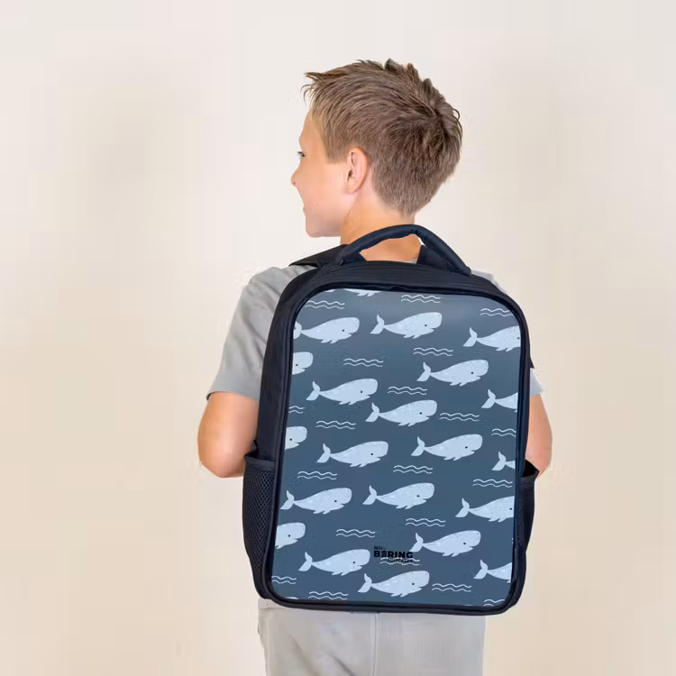 Kids backpack - Black - Whale with waves pattern blue — 2