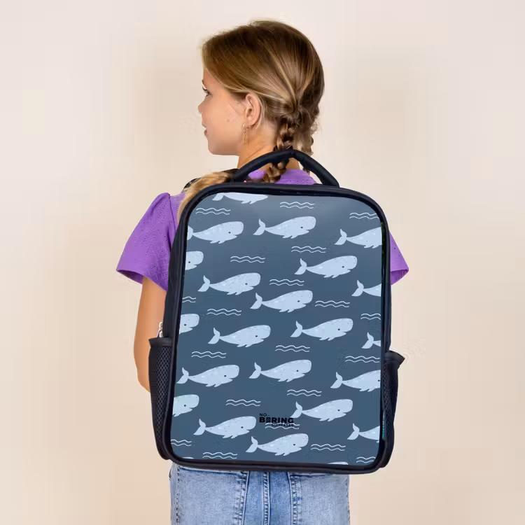 Kids backpack - Black - Whale with waves pattern blue — 4