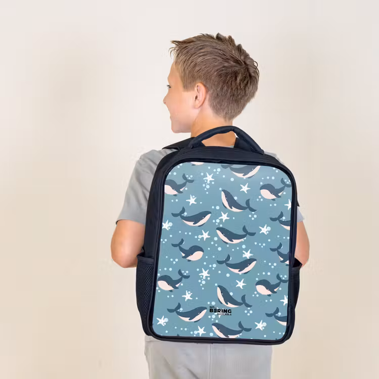 Kids backpack - Black - Whales with starfish pattern blue — 2