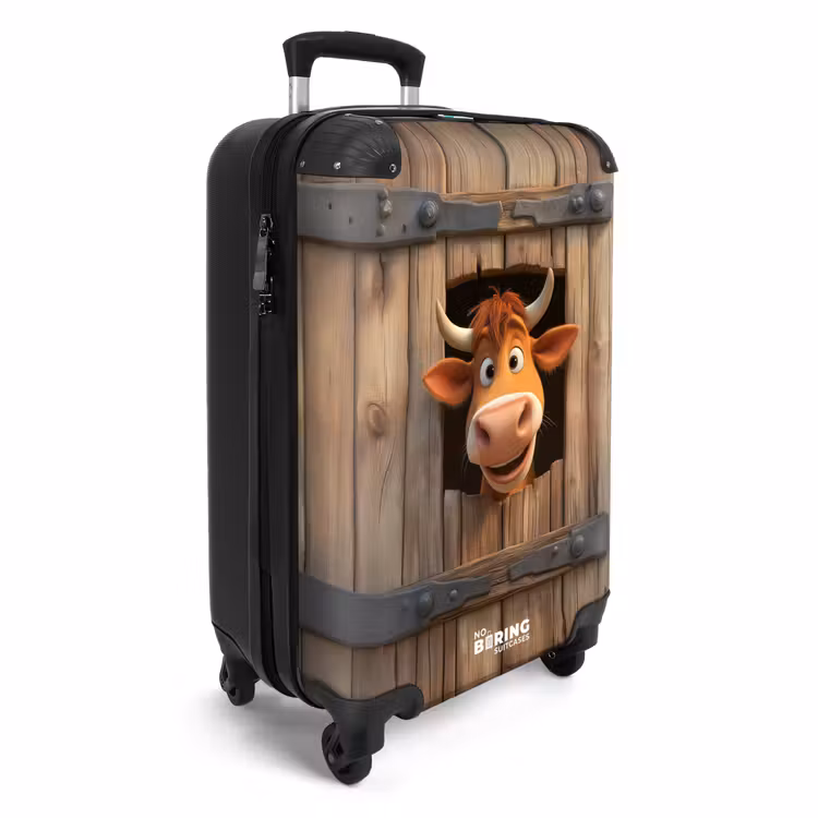 Suitcase - Brown bull pokes head through wooden door — 2