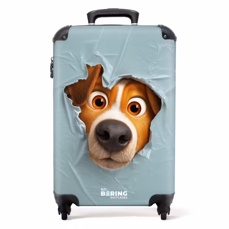 Suitcase - Brown dog through torn blue plastic — 1