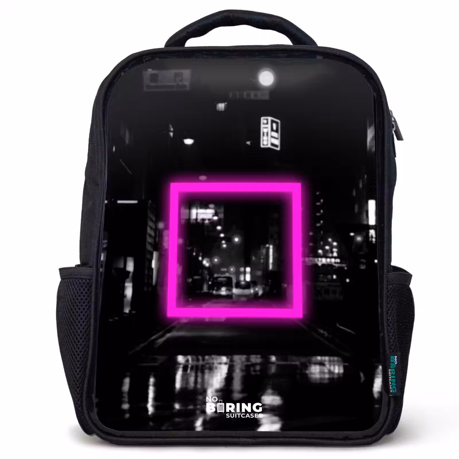 Kids backpack - Black - Bright pink square with backlit background — 1