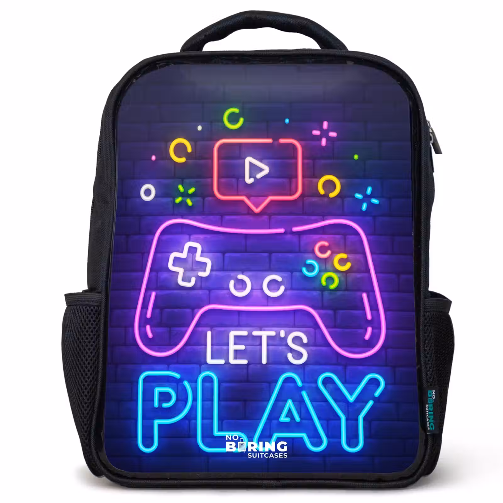 Kids backpack - Black - Neon controller against a brick wall — 1