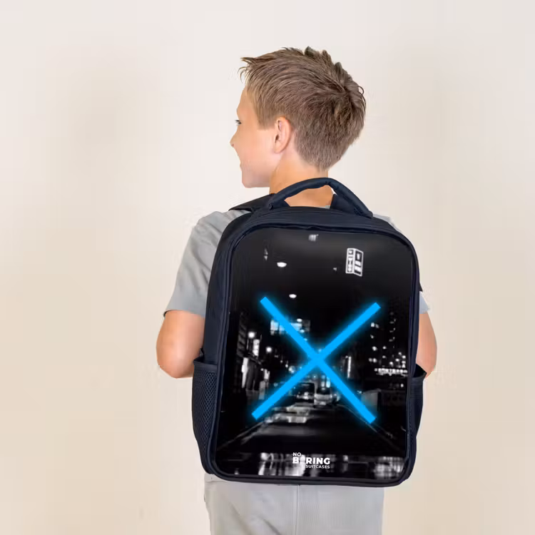 Kids backpack - Black - Bright blue cross in a night scene — 2