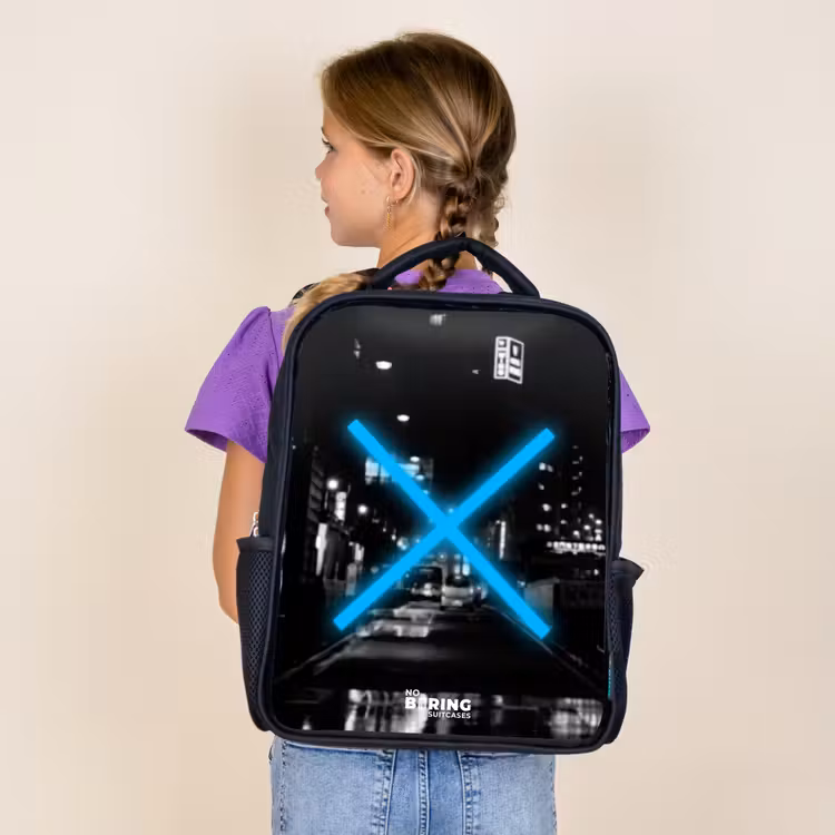 Kids backpack - Black - Bright blue cross in a night scene — 4