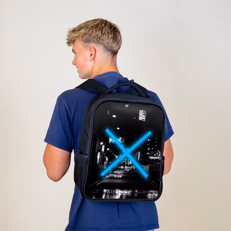 Kids backpack - Black - Bright blue cross in a night scene — 5