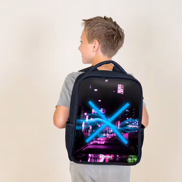 Kids backpack - Black - Bright blue cross over a nighttime street — 2