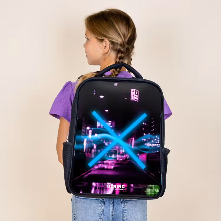 Kids backpack - Black - Bright blue cross over a nighttime street — 4