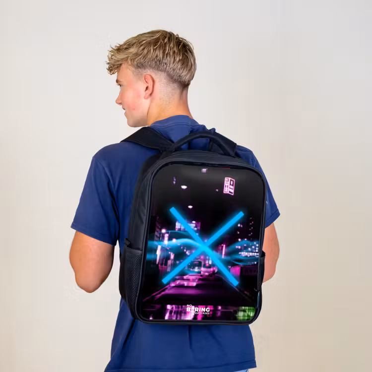 Kids backpack - Black - Bright blue cross over a nighttime street — 5