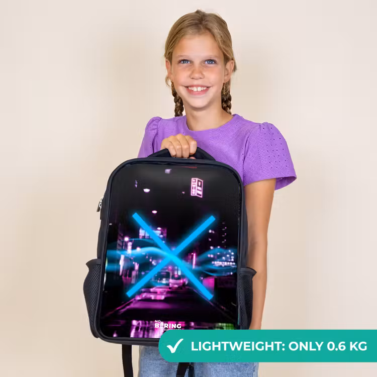 Kids backpack - Black - Bright blue cross over a nighttime street — 9