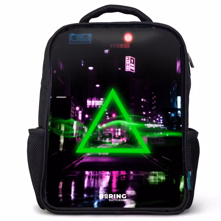 Kids backpack - Black - Bright green triangle over a city street — 1