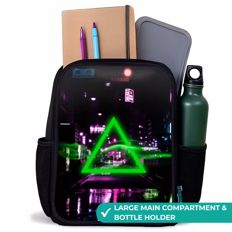 Kids backpack - Black - Bright green triangle over a city street — 10