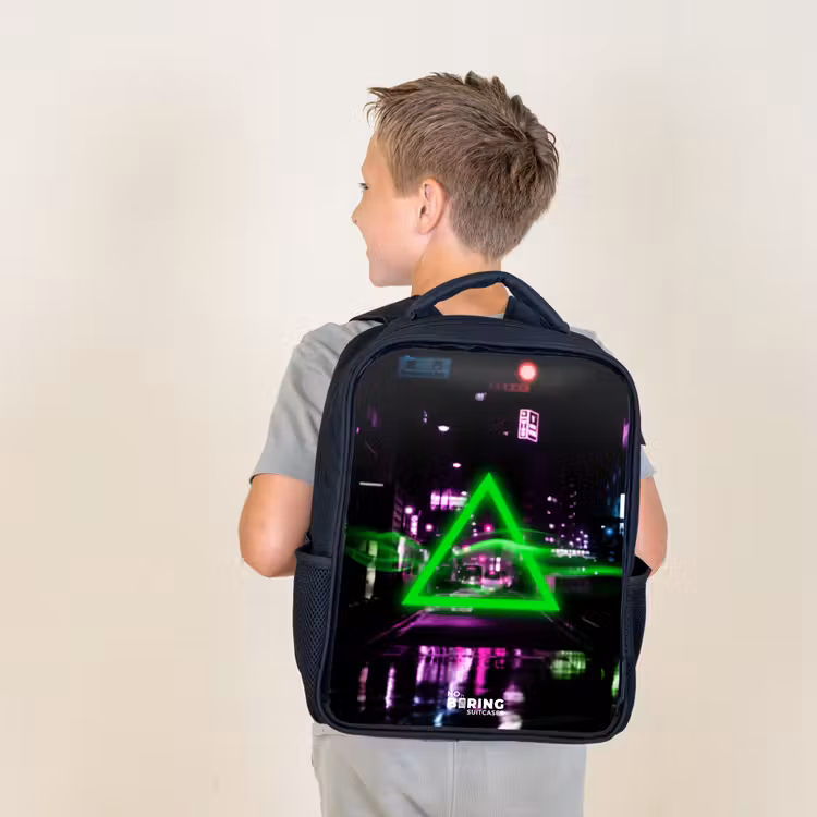 Kids backpack - Black - Bright green triangle over a city street — 2