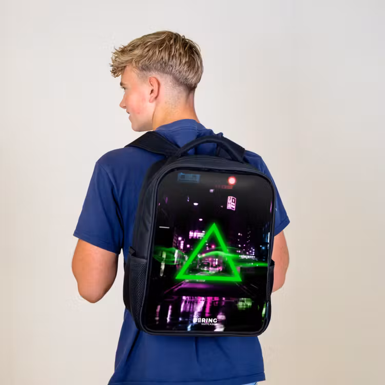 Kids backpack - Black - Bright green triangle over a city street — 5