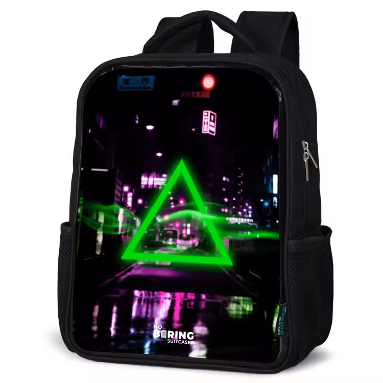 Kids backpack - Black - Bright green triangle over a city street — 6
