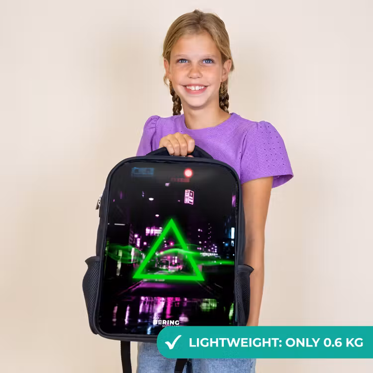Kids backpack - Black - Bright green triangle over a city street — 9