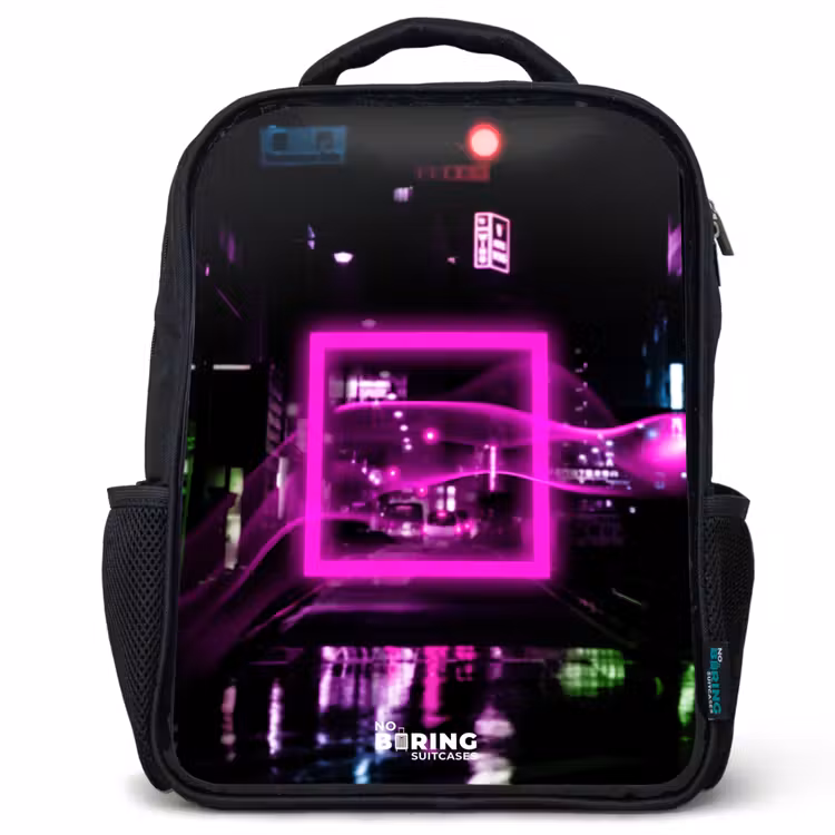 Kids backpack - Black - Bright pink square above a wet street — 1