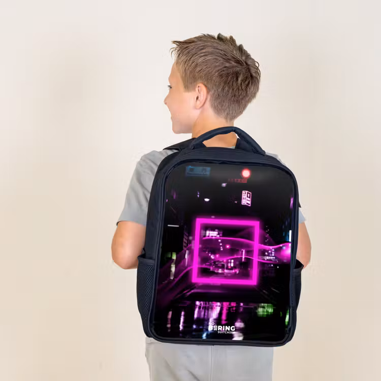 Kids backpack - Black - Bright pink square above a wet street — 2