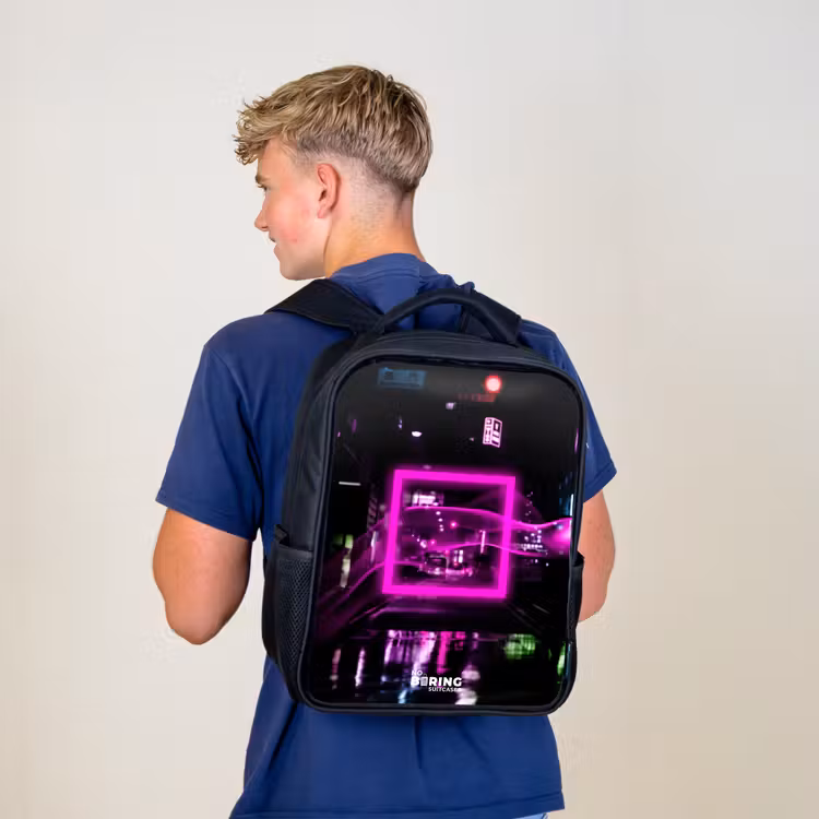 Kids backpack - Black - Bright pink square above a wet street — 5