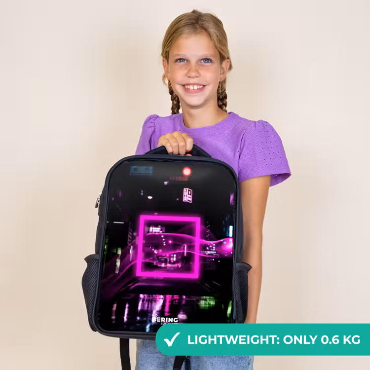 Kids backpack - Black - Bright pink square above a wet street — 9