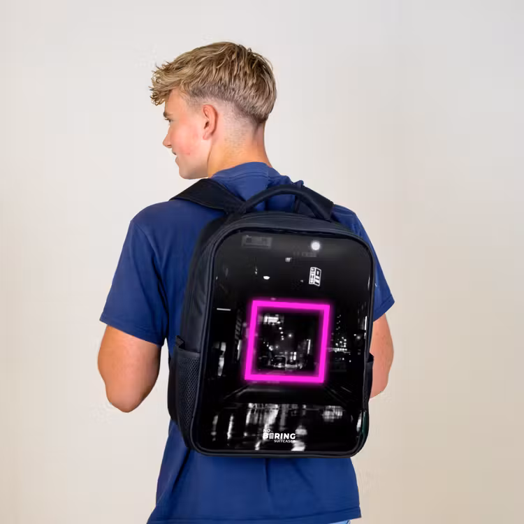 Kids backpack - Black - Bright pink square with backlit background — 5