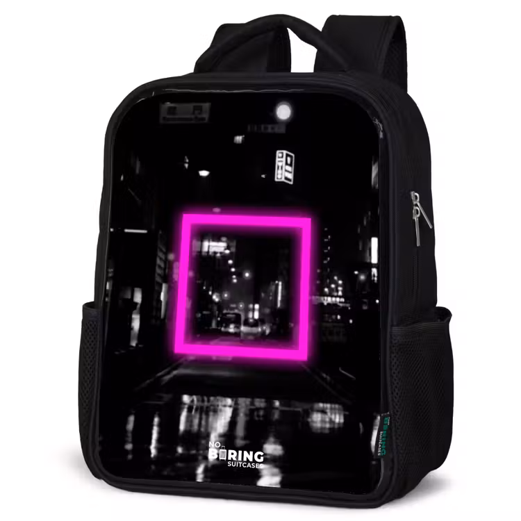 Kids backpack - Black - Bright pink square with backlit background — 6