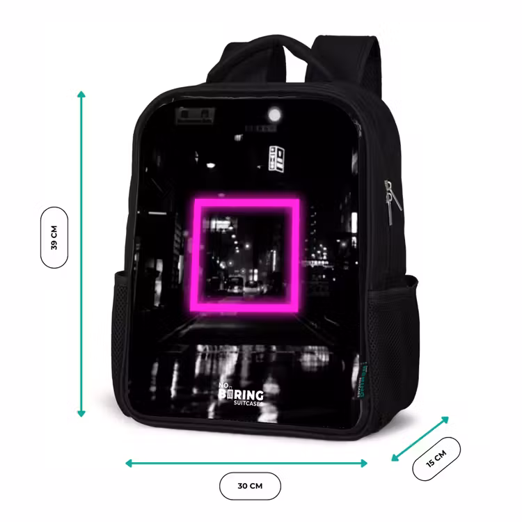 Kids backpack - Black - Bright pink square with backlit background — 8