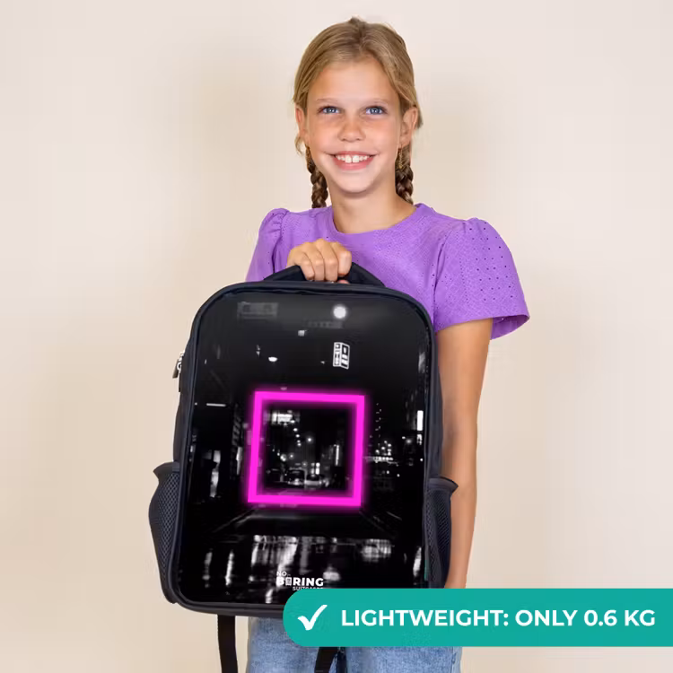Kids backpack - Black - Bright pink square with backlit background — 9