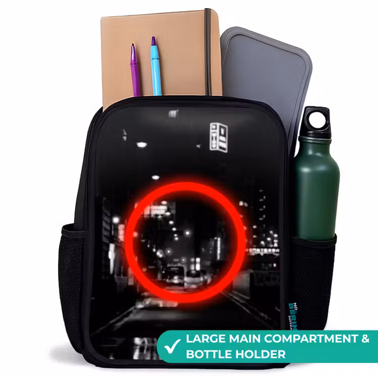 Kids backpack - Black - Bright red circle over a city street — 10