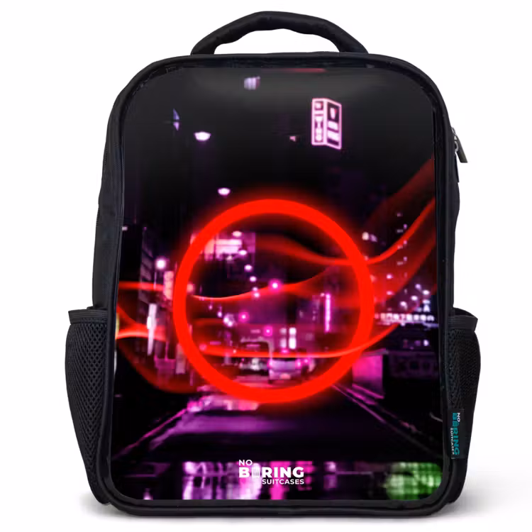 Kids backpack - Black - Bright red circle over a neon-lit city — 1