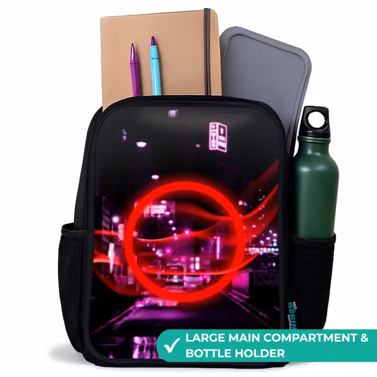 Kids backpack - Black - Bright red circle over a neon-lit city — 10