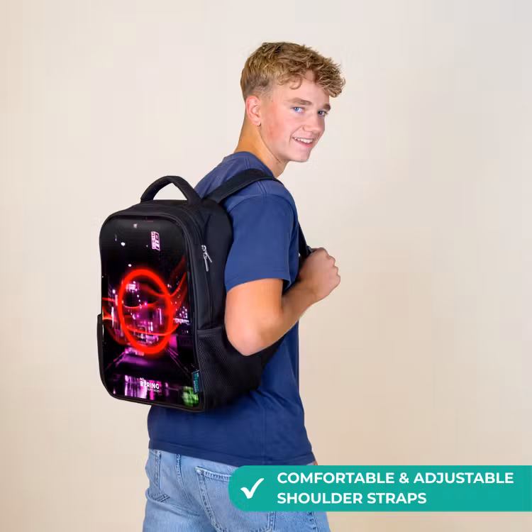 Kids backpack - Black - Bright red circle over a neon-lit city — 11