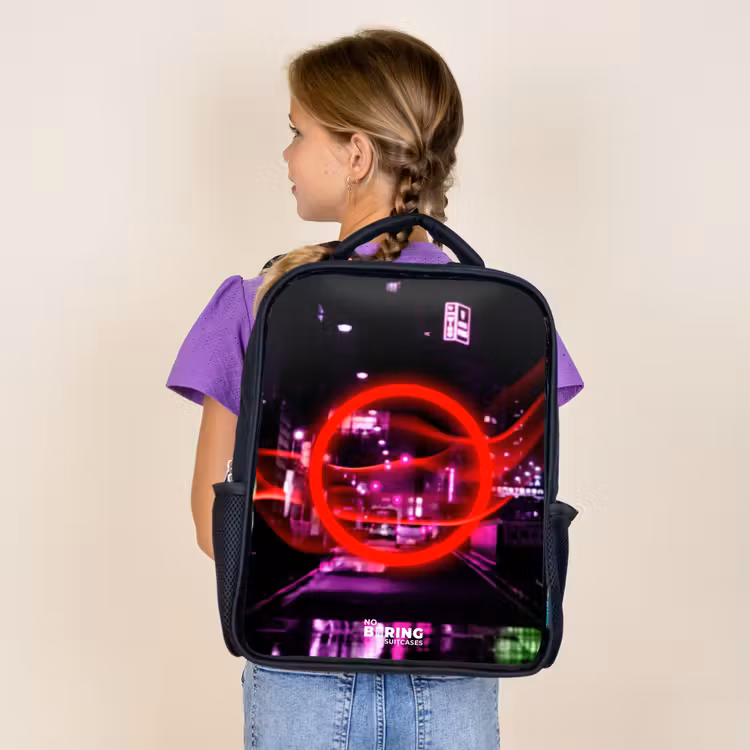 Kids backpack - Black - Bright red circle over a neon-lit city — 4