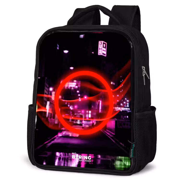 Kids backpack - Black - Bright red circle over a neon-lit city — 6
