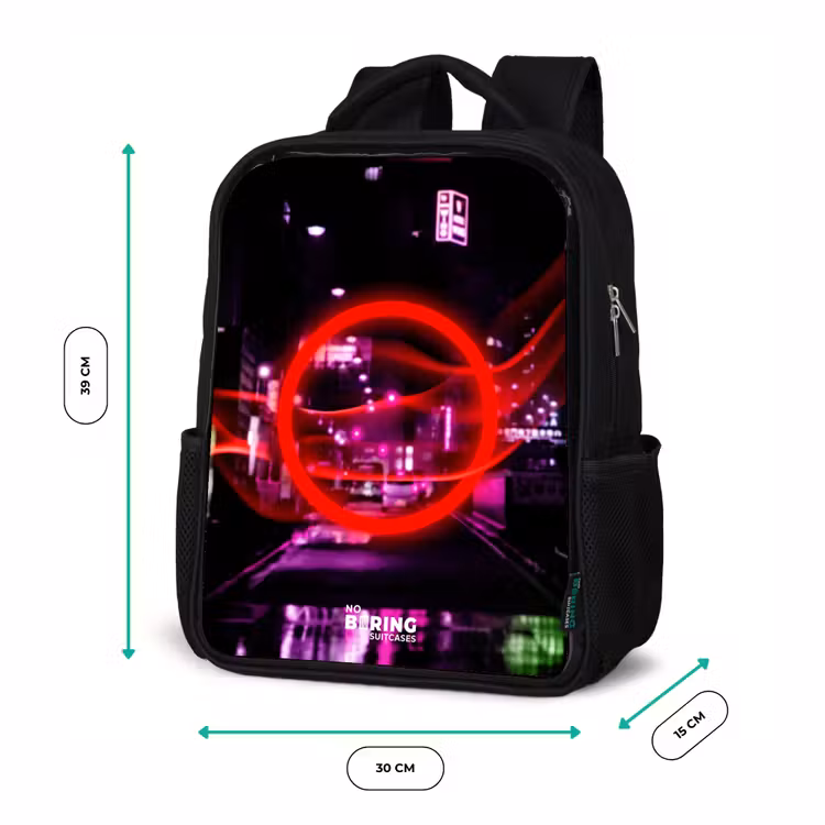Kids backpack - Black - Bright red circle over a neon-lit city — 8