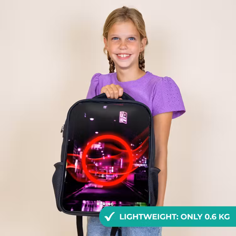 Kids backpack - Black - Bright red circle over a neon-lit city — 9
