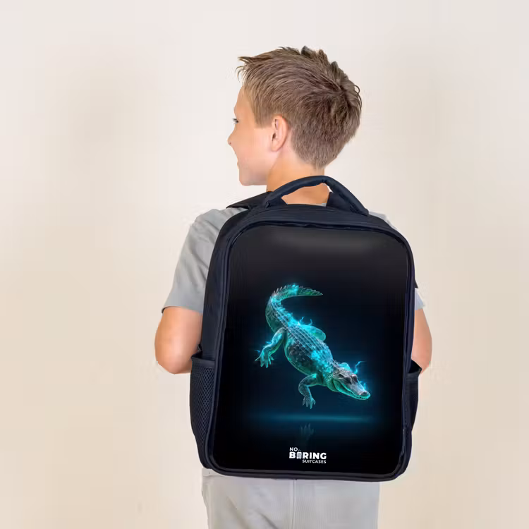 Kids backpack - Black - Cyber crocodile in action pose — 2