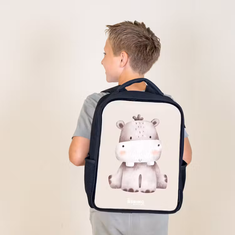 Kids backpack - Black - Hippo on beige background illustration — 2