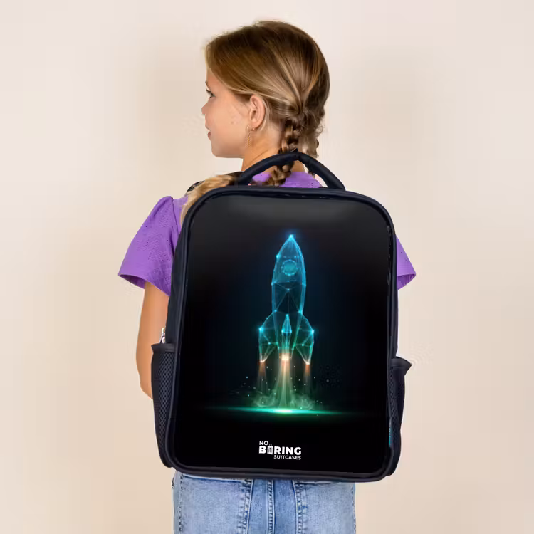 Kids backpack - Black - Launching rocket in neon style — 4