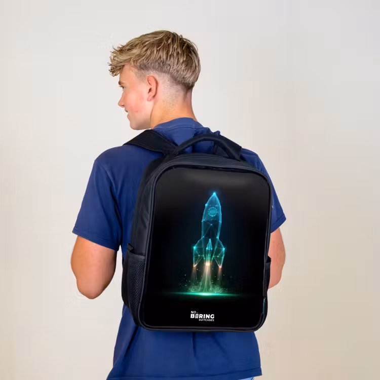 Kids backpack - Black - Launching rocket in neon style — 5