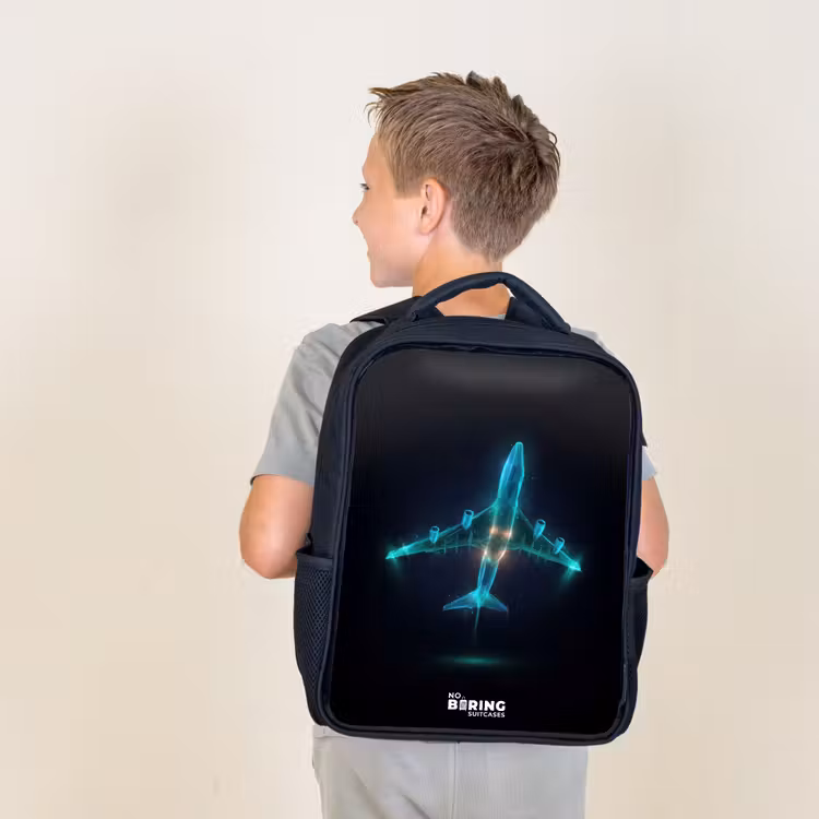 Kids backpack - Black - Luminous airplane — 2