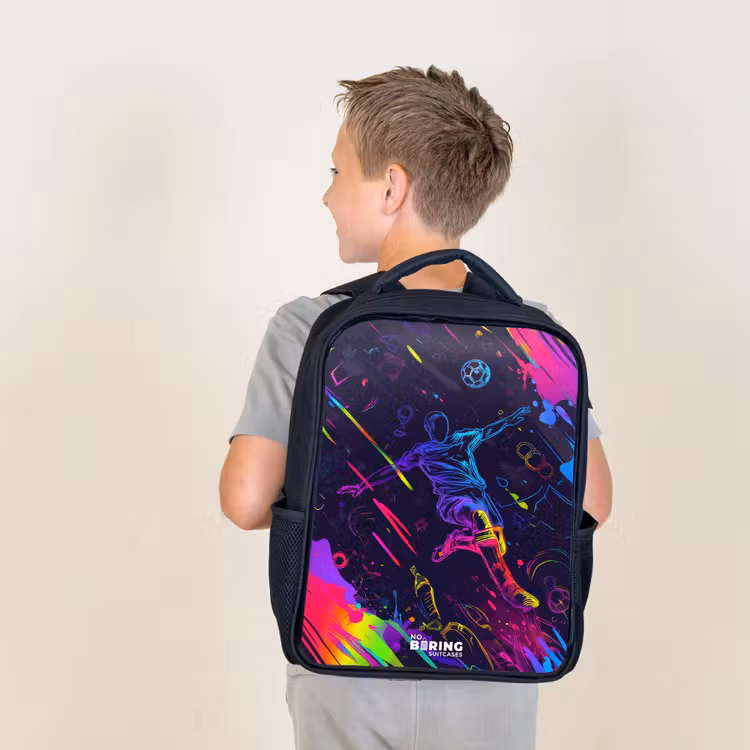 Kids backpack - Black - Neon action packed soccer player — 2