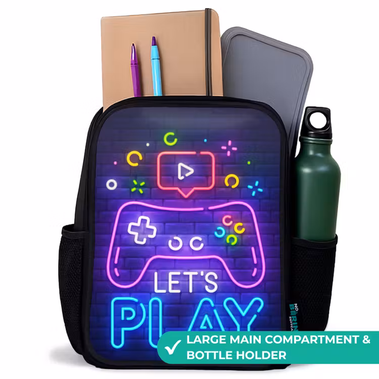 Kids backpack - Black - Neon controller against a brick wall — 10