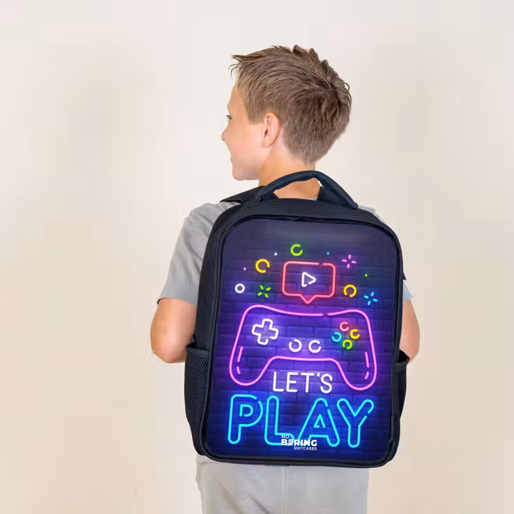 Kids backpack - Black - Neon controller against a brick wall — 2
