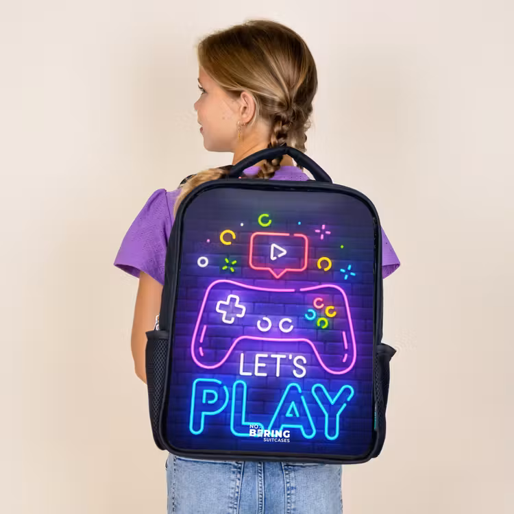 Kids backpack - Black - Neon controller against a brick wall — 4