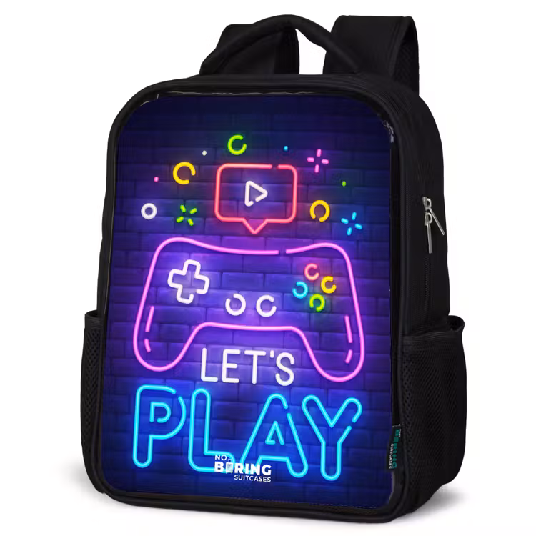 Kids backpack - Black - Neon controller against a brick wall — 6