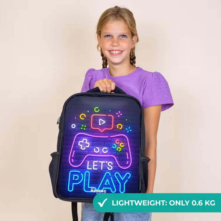 Kids backpack - Black - Neon controller against a brick wall — 9