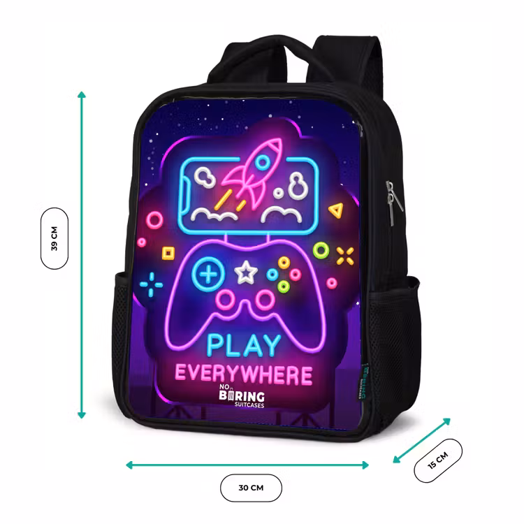 Kids backpack - Black - Neon illustration with a controller — 8