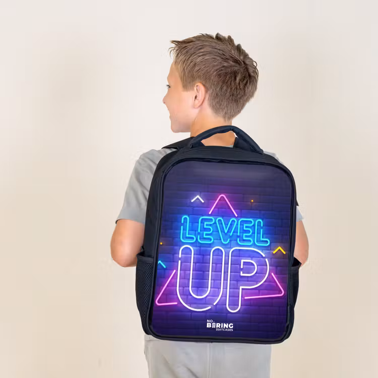 Kids backpack - Black - Neon letters on a brick wall — 2